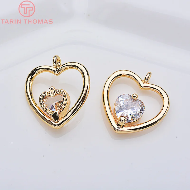(1881)6PCS 12x11MM 24K Gold Color Plated Brass with Zircon Heart Pendants Charms High Quality DIY Jewelry Making Findings