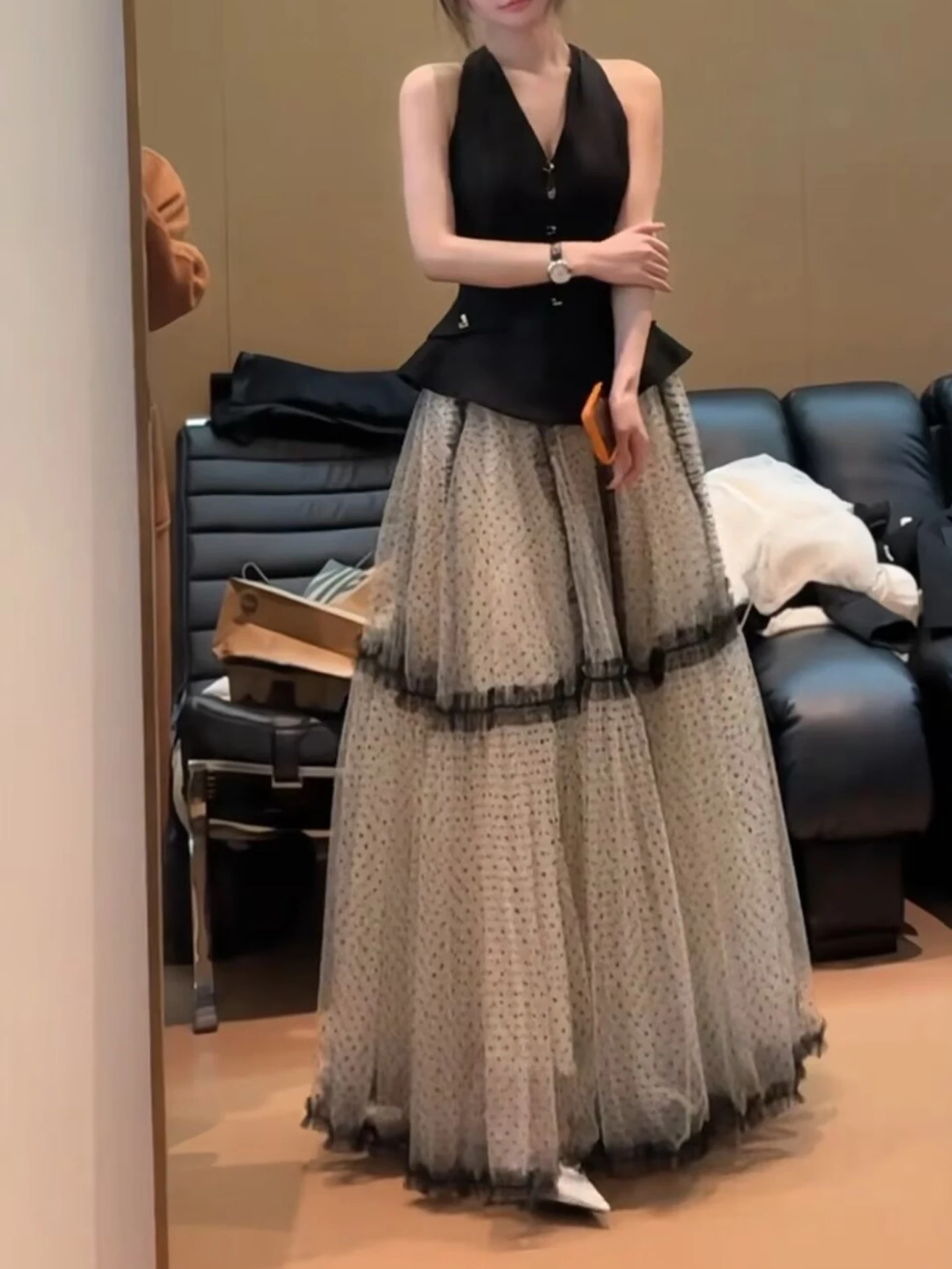 Sweet Lace Splice Polka Dot Half Skirt Women's Spring Summer Loose Puffy Long Skirt High Waist A-Line Skirt Commute Style