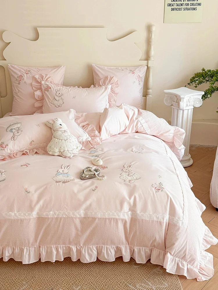 Cotton Bedding Set Pure Cotton Washed Cotton Patchwork Rabbit Embroidery Lace Bedding Quilt Coverlet Cotton Bedding Accessories