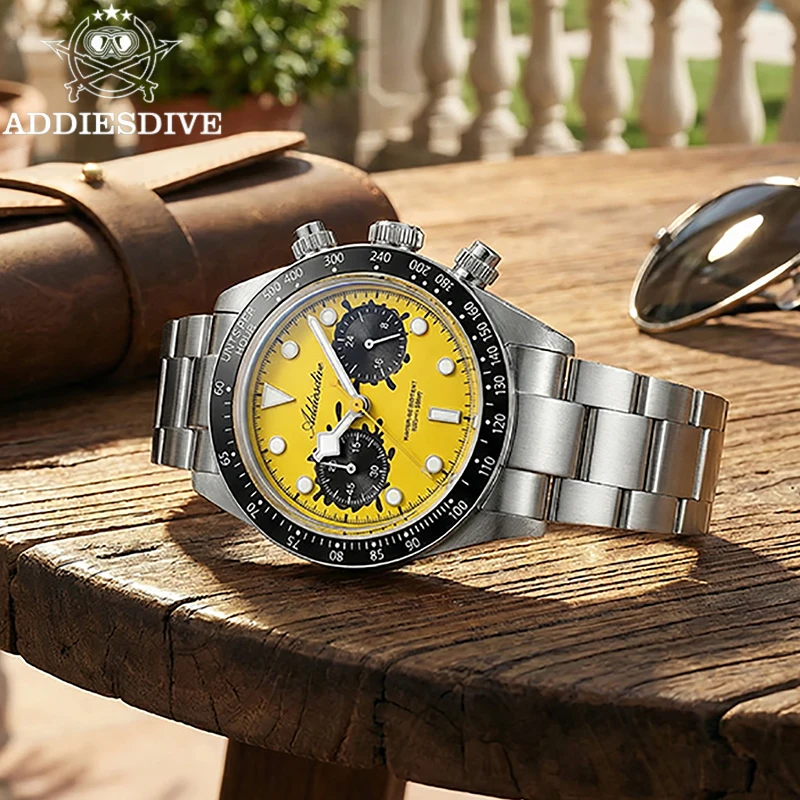 ADDIESDIVE Men VK64 Chronograph Quartz Watch Bubble Glass 100M Waterproof Watches AD2520 Ceramic Bezel BGW9 Luminous Wristwatch