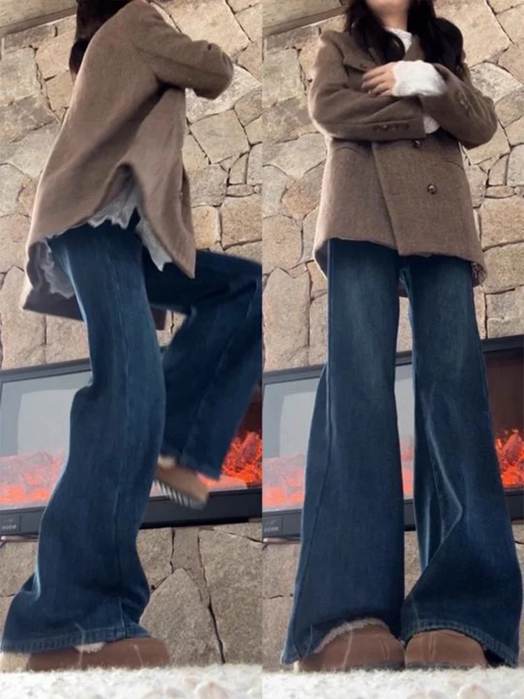 플러스 사이즈 딥 블루 안감 부츠컷 청바지 여성용 가을 겨울 하이웨이스트 슬림 와이드 레그 팬츠 캐주얼 웨어