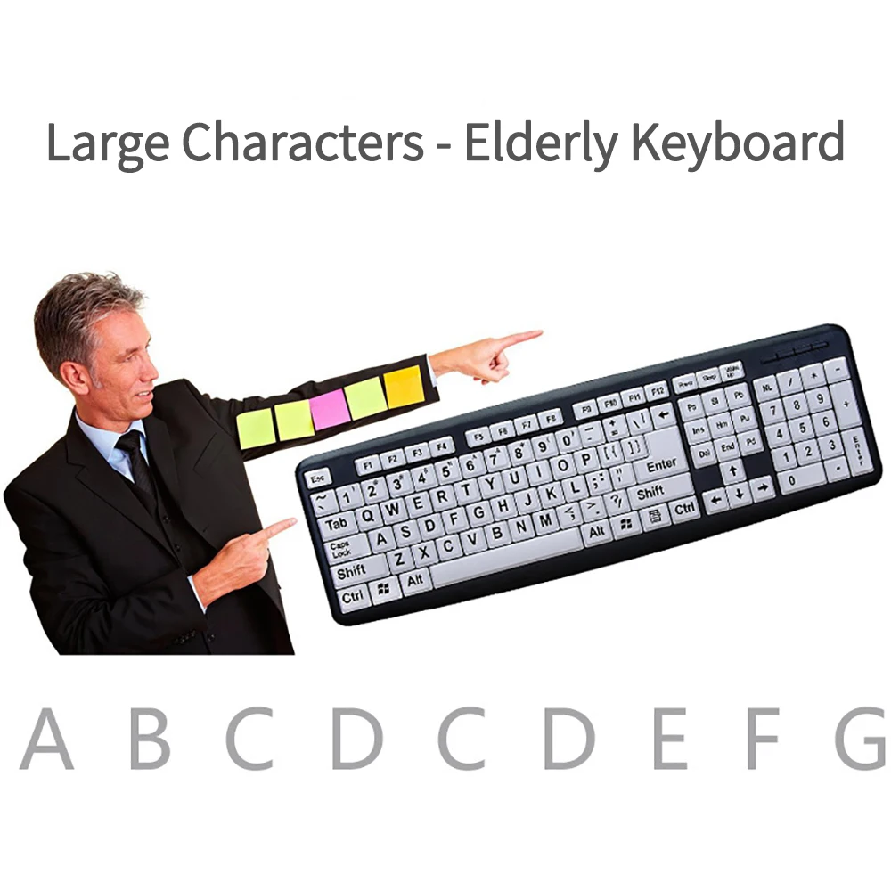 104Key USB Wired PC Computer Keyboard High Contrast Large Print White Keys Black Letter for Old People Visual Impairments People