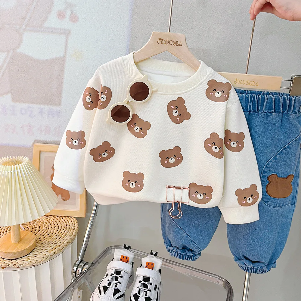 Spring Autumn Baby Boys Girls Clothing Sets Cute Cartoon Bear Rabbit Sweatshirt Tops + Denim Pants Jeans Kids Casual Clothes