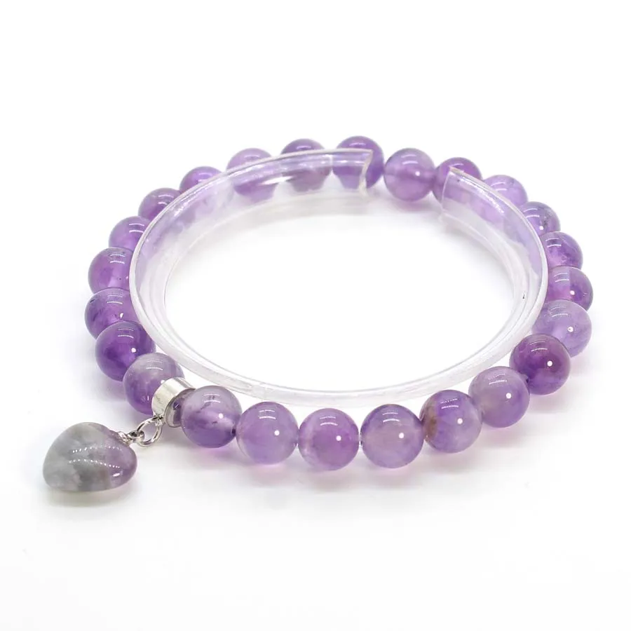 Charms Natural Crystal Round Beads Lovey Heart Stone Bracelets For Women Amethyst Rose Quartz Stone Bracelet Choice Girl Jewelry