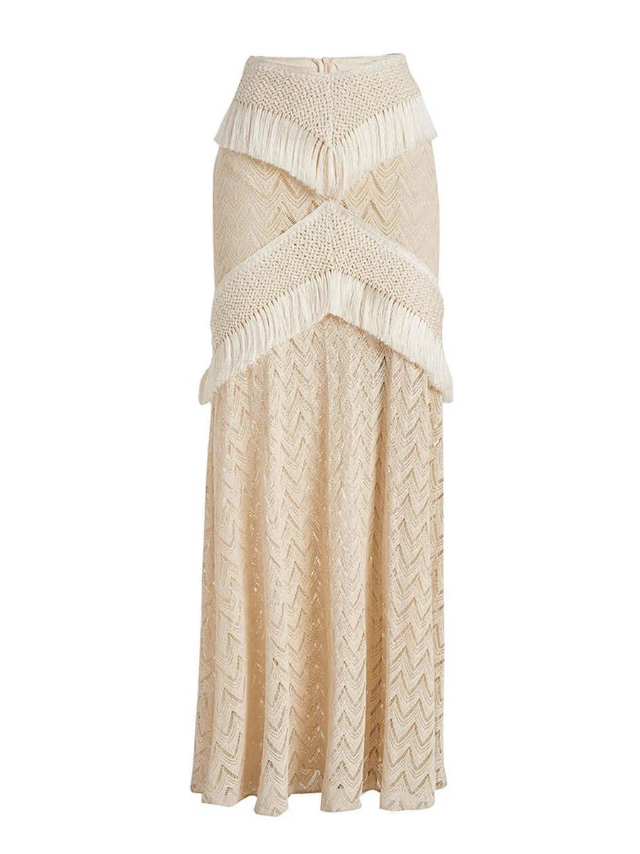 TWOTWINSTYLE Solid Slimming Sheer Spliced Tassels Knit Skirts for Women High Waist Elegant Long Skirt Female Autumn Clothing New