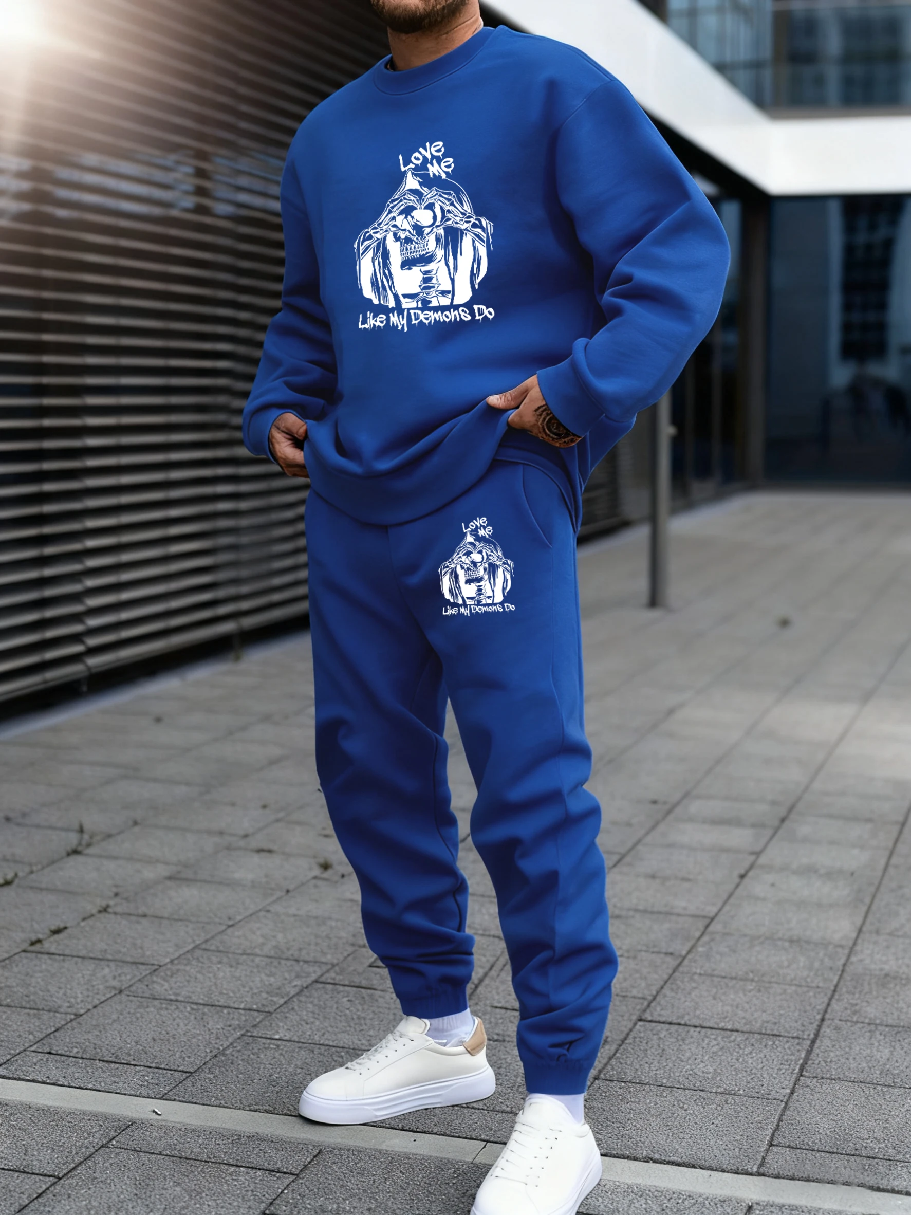 

Комплект мужской толстовки и брюк с принтом «Скелет любви»: флисовый, удобный пуловер, повседневные спортивные брюки для бега, осенние джоггеры