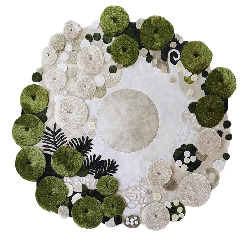 Premium light luxury irregular carpet, beige round living room handmade wool woven artistic carpet