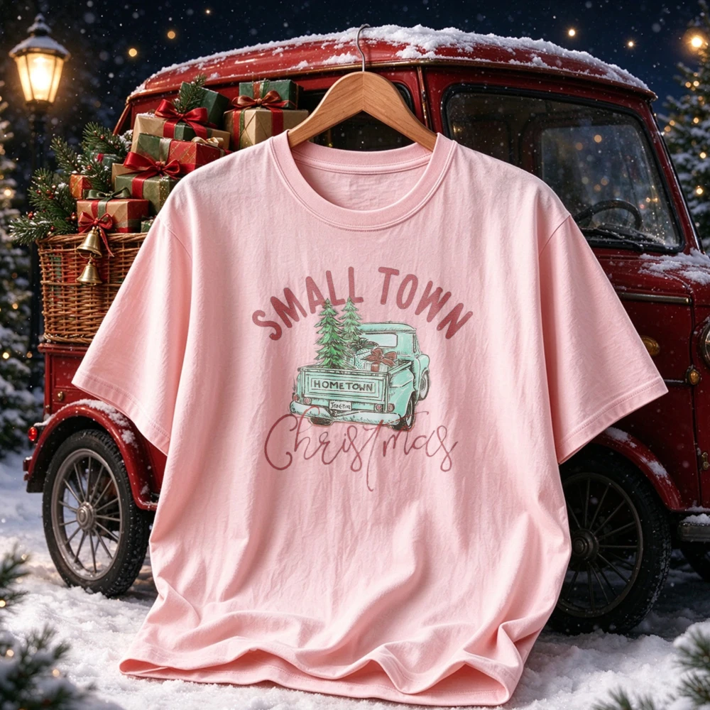 Small Town Christmas Graphic Tee Vintage Green Pickup Truck Pine Tree Print Retro Country Xmas Casual T-shirt Winter Holiday Top