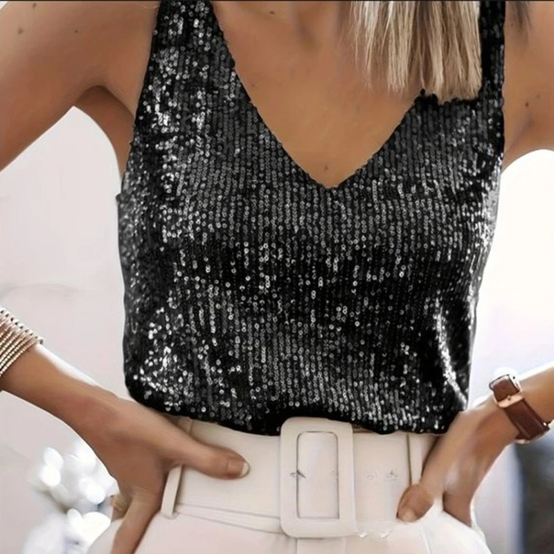Vest Tops Women Tank Top V Neck Sleeveless Y2k Streetwear Sequins Elegant Casual Slim Fit Sexy Party Night Nightclub 2026 Autumn