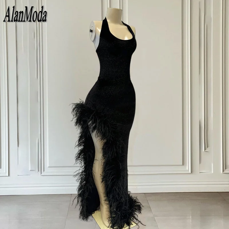 

Черные платья для выпускного, выполненные по индивидуальному заказу, 2024, вечерние платья-русалки с лямкой на шее и блестками, длинное вечернее платье с разрезом