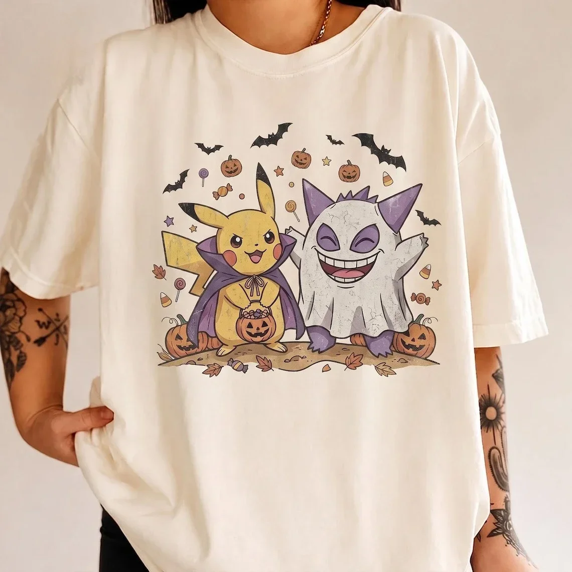 Halloween Pokémon Pikachu Gengar Anime T Shirts Cute Spooky Graphic Print Men Women and Kids Casual Short Sleeve Tee