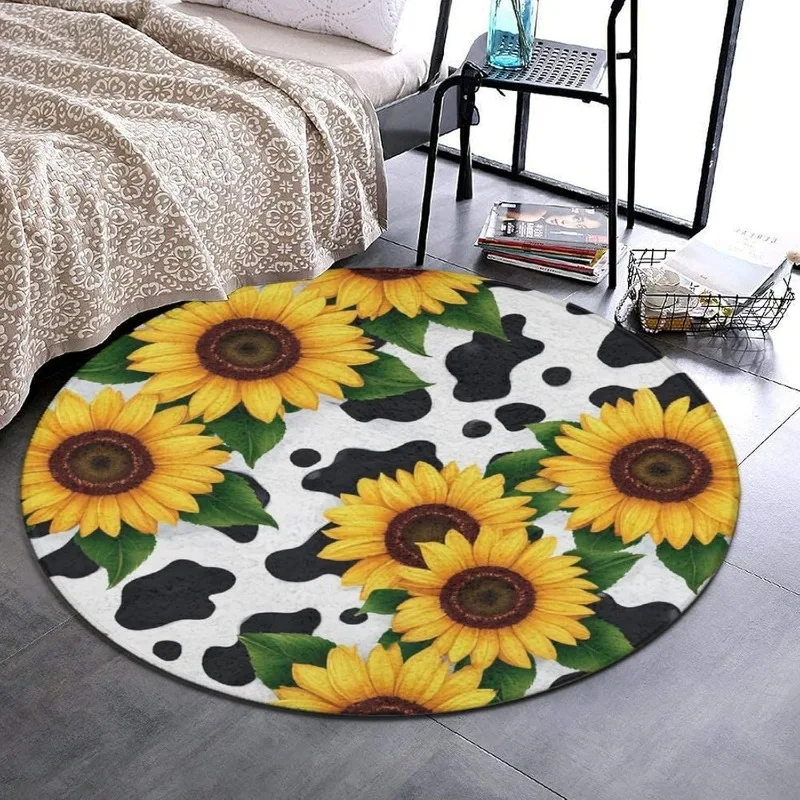 Sunflower Round Rug Geometric Spots Pattern Soft Non-slip Floor Mat Rustic Home Decor Circular Carpet for Living Room Bedroom