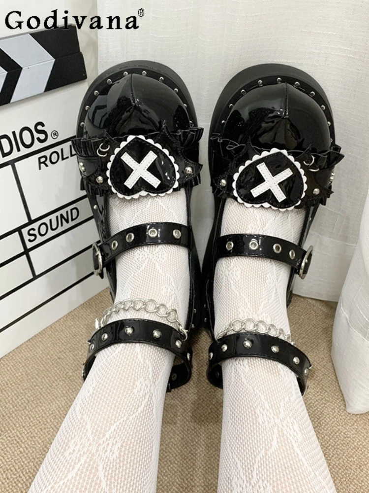 Gothic Sweet Lolita Women's Solid Color Round Toe High Heels Spring and Autumn Y2K Punk Metal Decorative Chain Platform Shoes