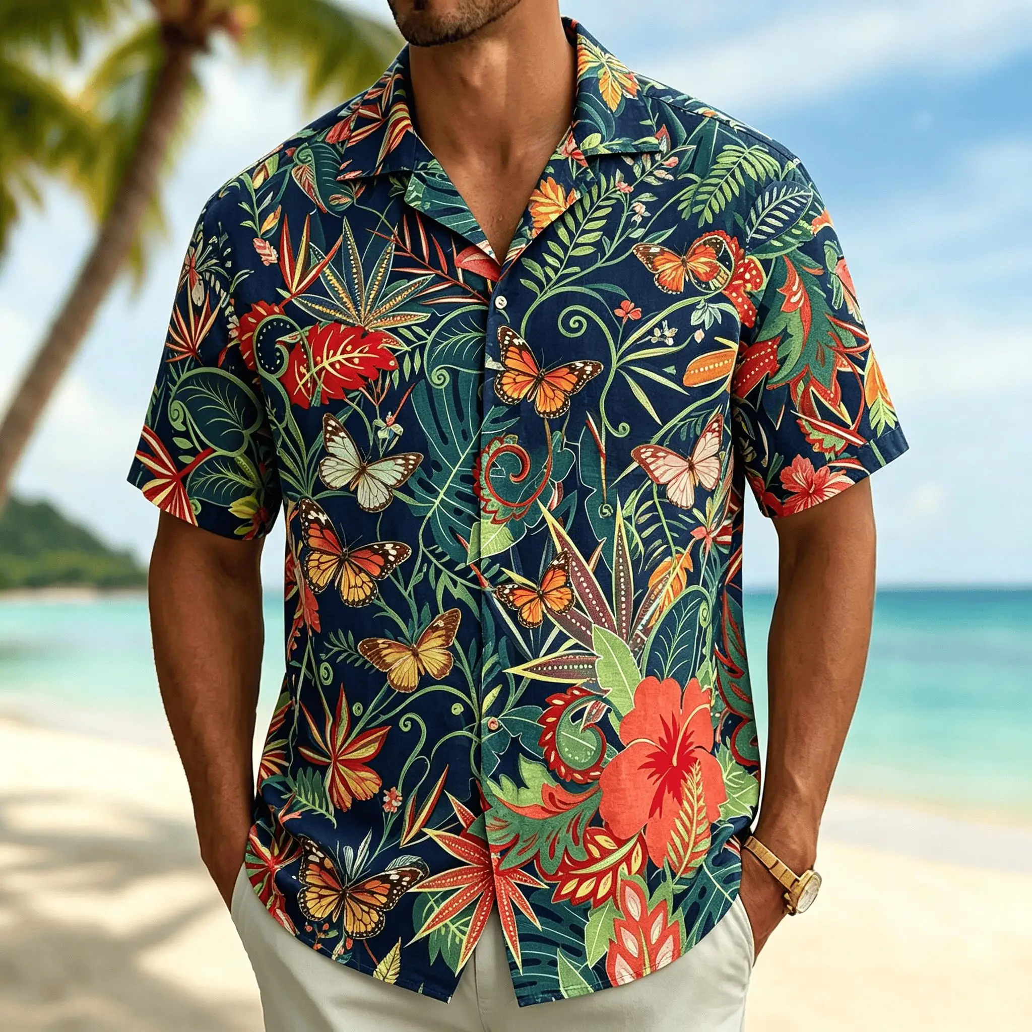 

Men's Tropical Butterfly Floral Print Short Sleeve Shirt, Casual Hawaiian Button Down Top, Vibrant Jungle Design for Summer