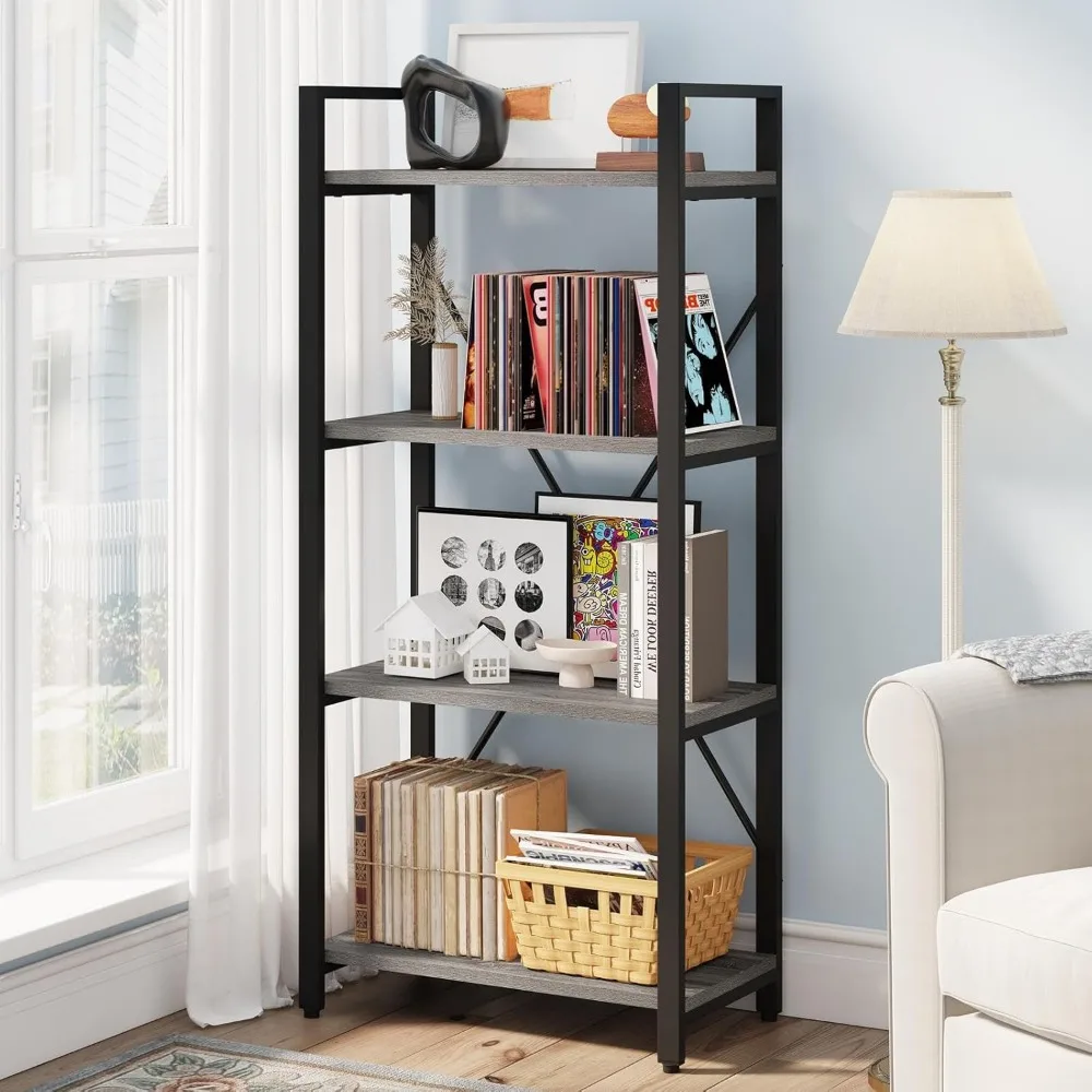 

Book Shelf Bedroom and Office (Dark Gray Oak) Bookcase Industrial 4 Tier Bookshelf Wood Metal Book Shelves for Living Room Home