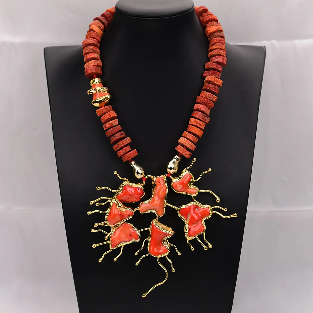 

GG Natural Red Coral Abacus Bamboo Brushed Beads Necklace Big Gold Edged Orange Coral Flower Pendant