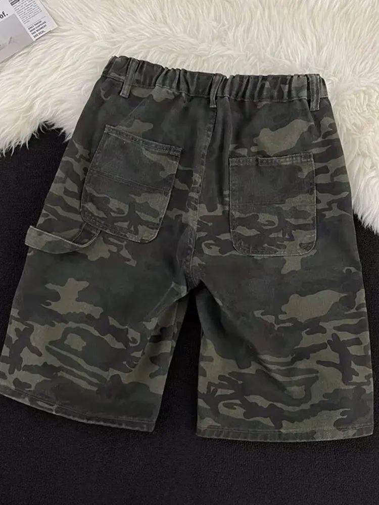 

Модные камуфляжные мужские джинсы свободного кроя, летние повседневные лоскутные прямые джинсы «пять четвертей», уличная одежда в стиле хип-хоп