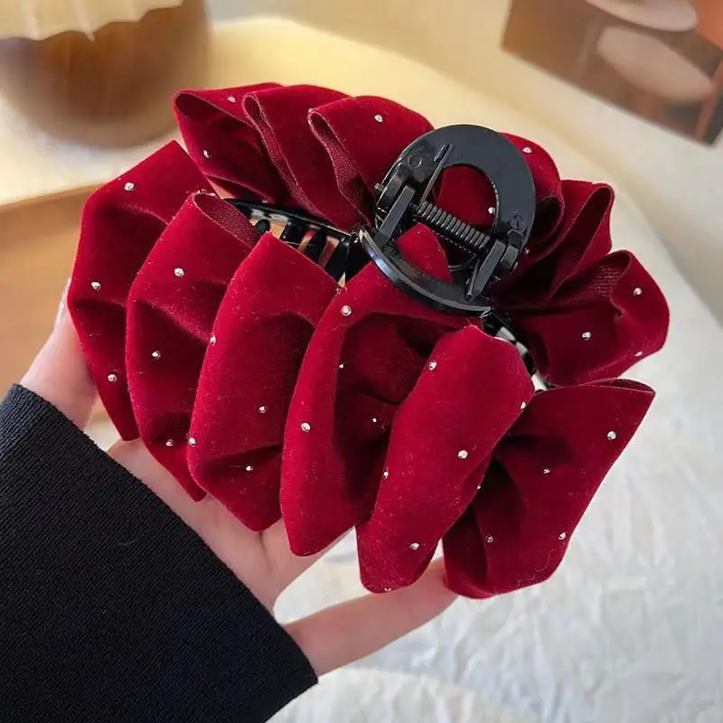 Elegante große einfarbige Samt diamantbesetzte Schleife Haarspangen Frauen Mädchen Haarklammern Haarnadel Kopfschmuck Haarschmuck – Detail 8