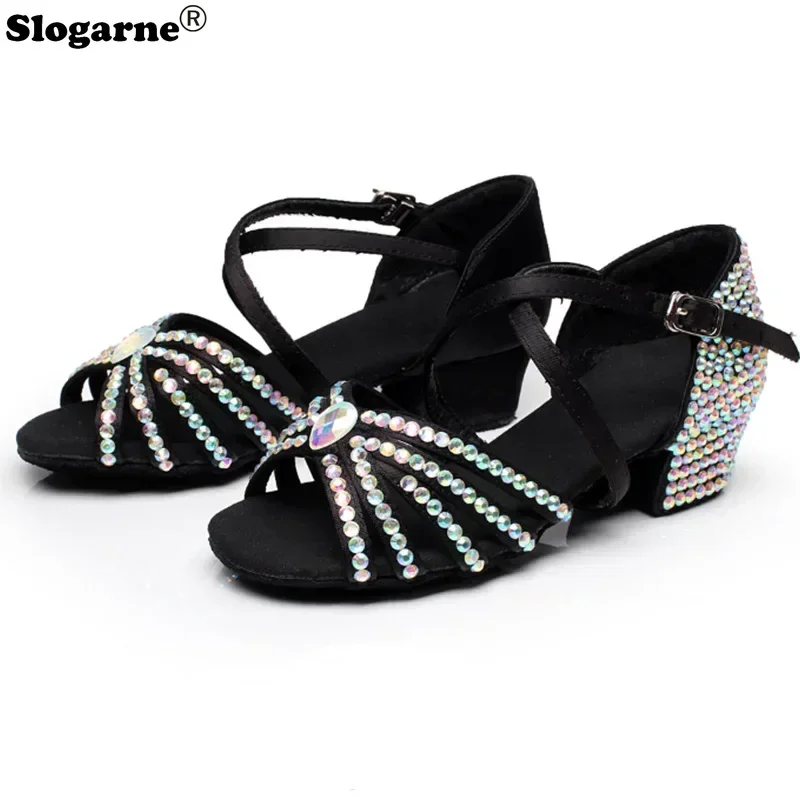 2026 Women Summer New Water Diamond Latin Shoes Kids\' Satin Artificial 3.5CM Heels Jazz Waltz Tango Modern Ballroom Dance Shoes