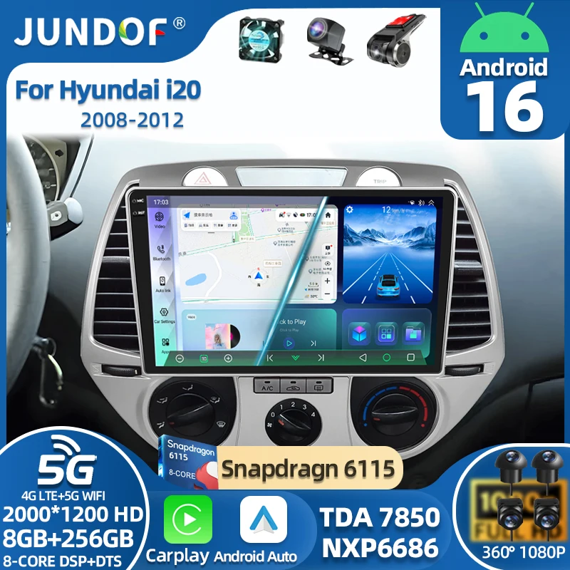 

Android 16 Carplay For Hyundai i20 2008 2009 2010 2011 2012 Car Radio Stereo Multimedia Video Player DSP GPS 4G WIFI QLED Screen
