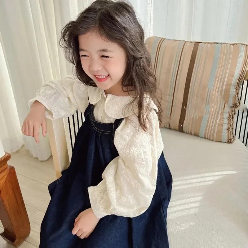 2024 Spring Autumn Girls' Clothing Sets Lady Style Long-Sleeved Children'S Suit Cute Denim Suspender Dress +Lace Shirt Suit