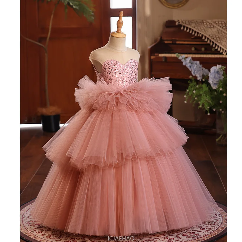

Girls Pageant Dress Stage Host Gown Kids Piano Performance Girl Wedding Show Walking Formal Wear Outfit Birthday Party Flower