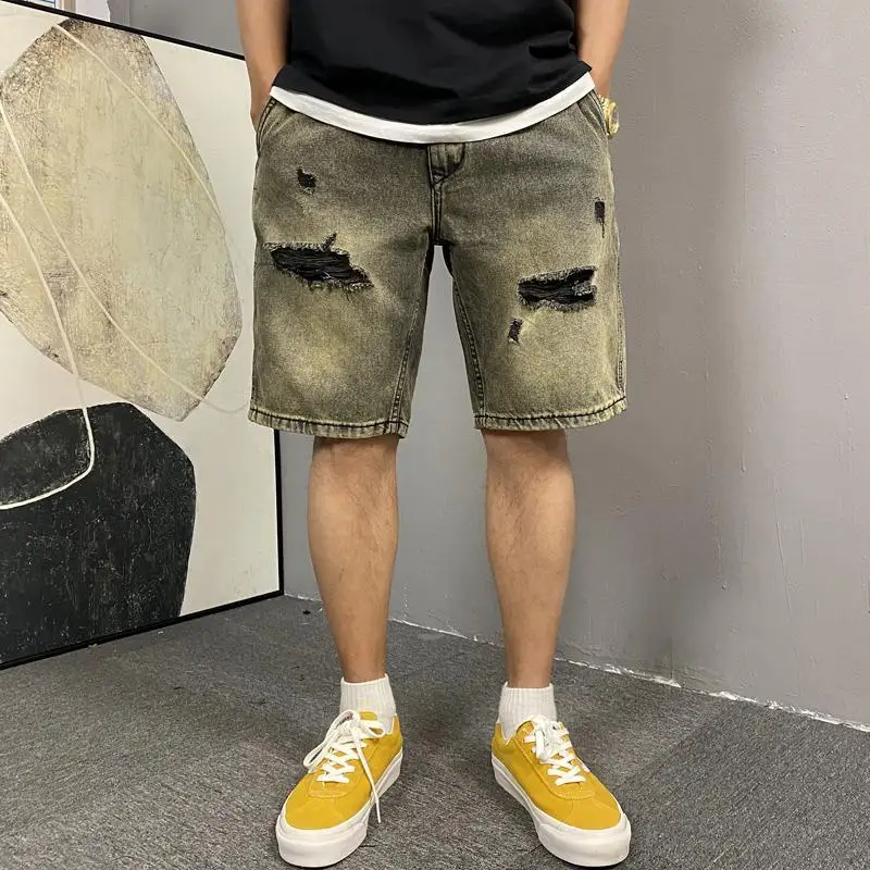 Men's New Button Zipper Pocket Straight Loose Five-point Casual Wash Retro Yellow Mud Ripped Denim Shorts