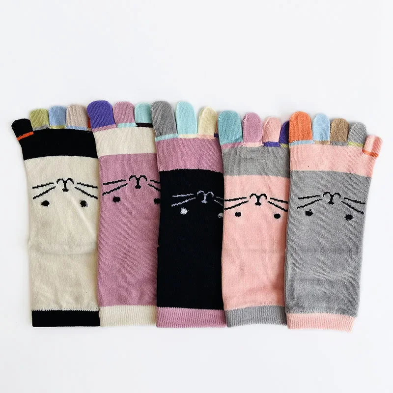 5/10 Pairs Five Finger Socks Women Girl Cotton Cute cat Sweat-Absorbing Breathable Fashions Soft Warm Harajuku Toe Socks Short