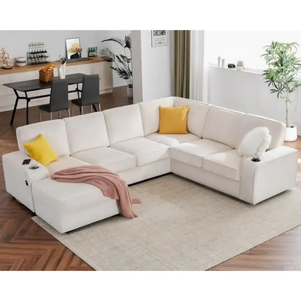 Beige Corduroy U Shaped Sofa 7 Seater with USB Ports & Storage Chaise Luxurious Comfort