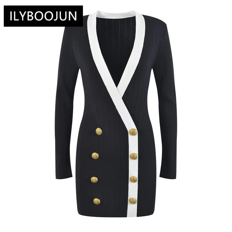 

New Fall Design Sexy Deep V-neck Contrast Color White and Black Knitting Sweater Straight Dress For Women 2023 Luxury Brand High