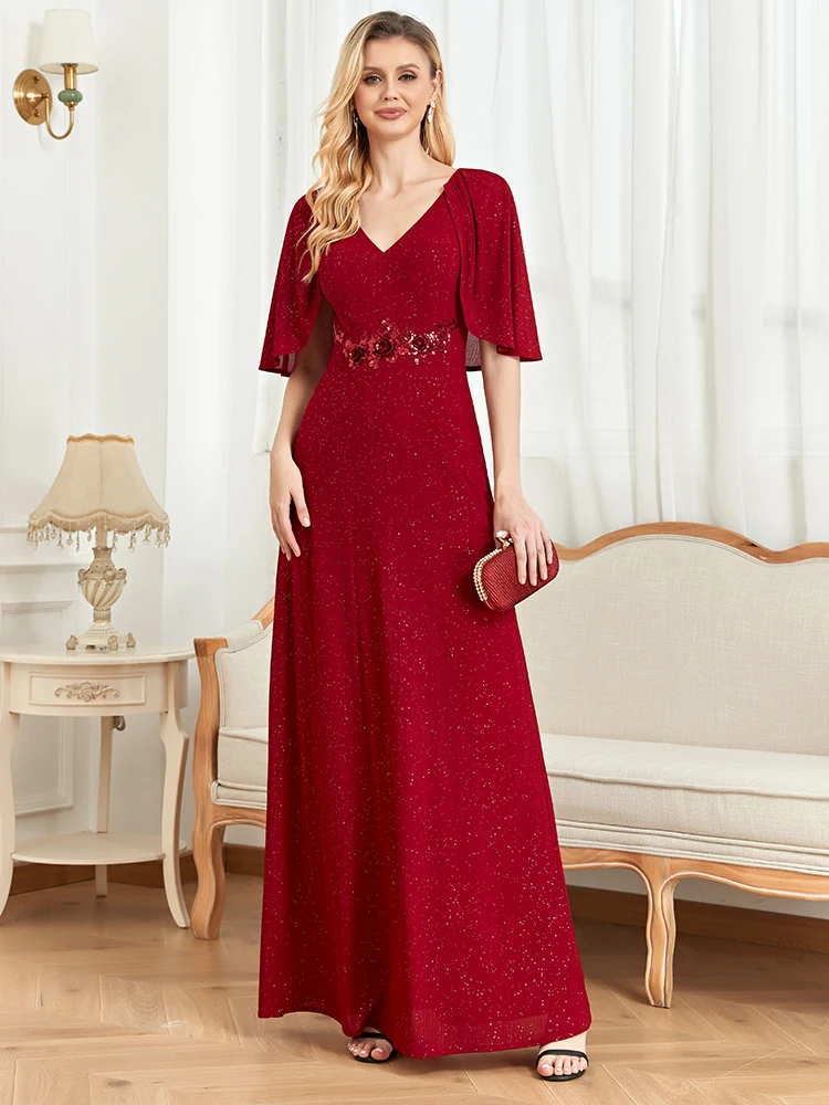 Luxury red Short Sleeve Navy Evening Dresse Elegant Women V-Back Formal Wedding Party Gowns Vestidos