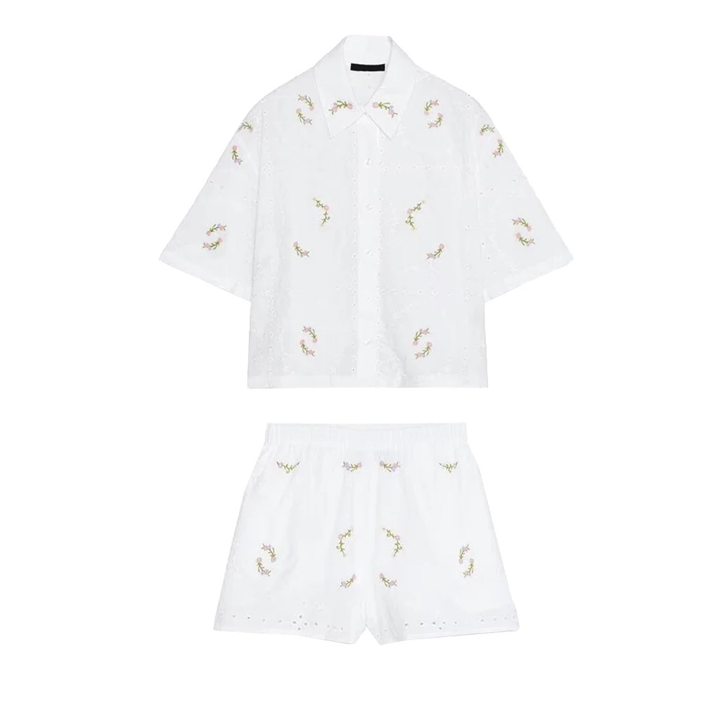 Zach Ailsa women's summer new style temperament lapel embroidered flower shirt embroidered high waisted shorts