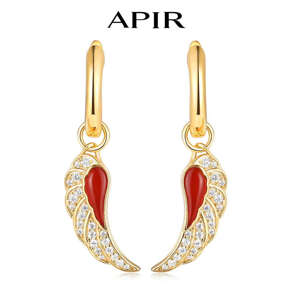 

APIR Red Agate Pendent Hoop Earrings for Women Bohemia Sparkling Moissanite Angel Wing Design Hoops Fine Jewelry 18k Gold Plated