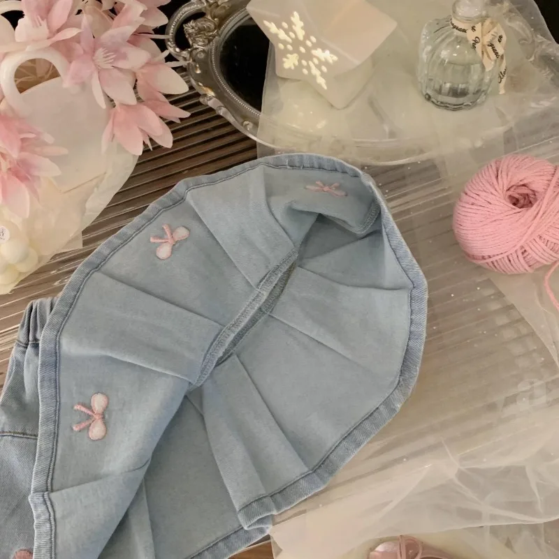 UNITIM Children Girls Pleated Skirts Pink Bow Embroidery Kids Girls Denim Skirts Loose Sweet Summer 2-8Yrs Babys Girls Skirts