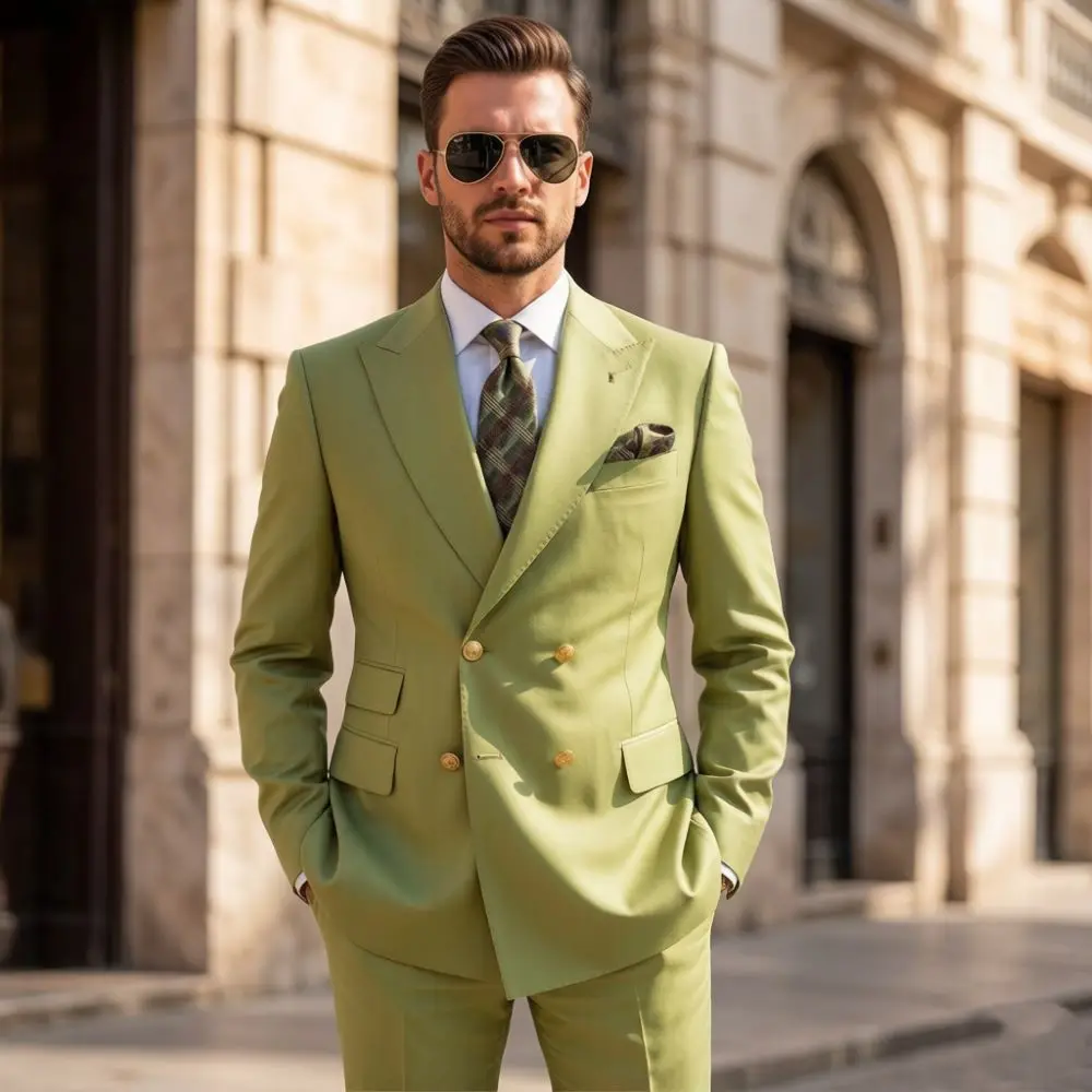 Mens Olive Green Double Breasted Suits 2 Pieces Tailored Fit Wedding Tuxedo Peak Lapel Gold Buttons Flap Pockets for Groom Prom