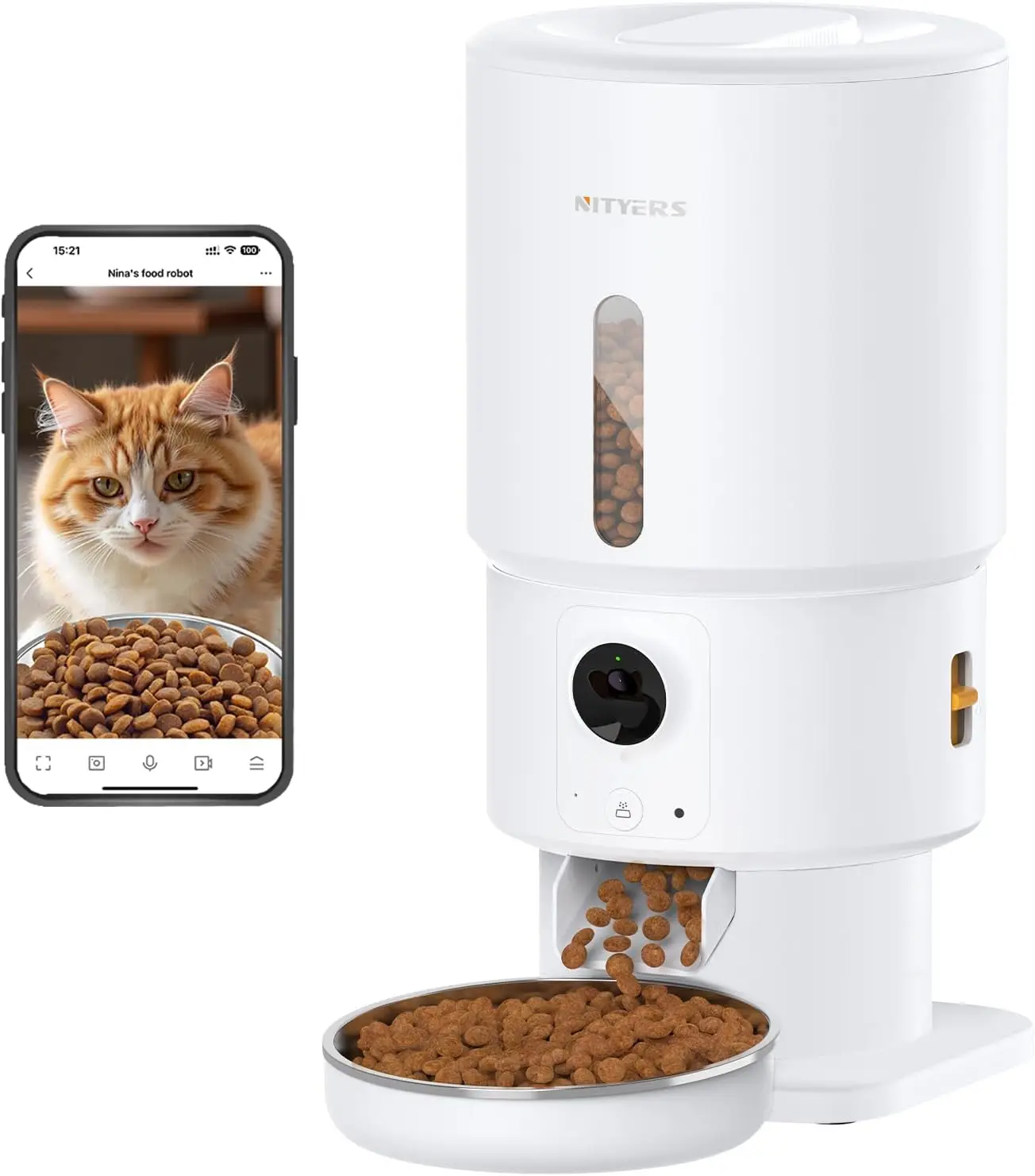 Distributeur automatique de nourriture pour chat avec caméra, WiFi 5G, minuterie, vision nocturne HD 1080P, audio bidirectionnel pour animaux de compagnie