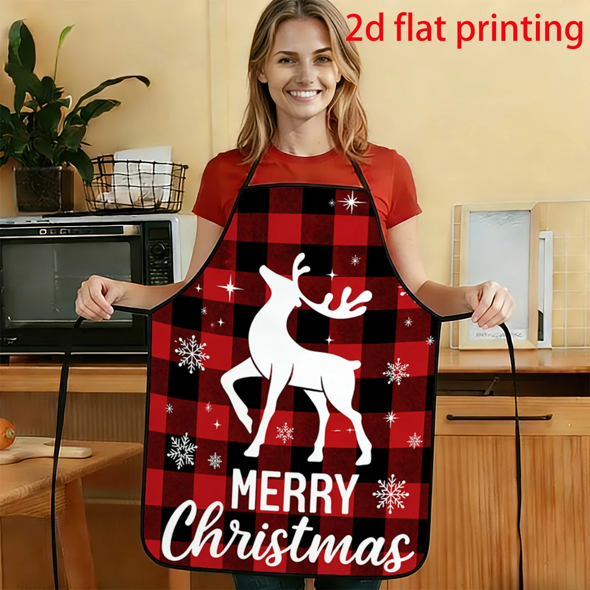 1pc 2D Flat Christmas Country Checkered Reindeer Snowflake Pattern Printed Apron Durable And Easy To Clean Adjustable Waistband