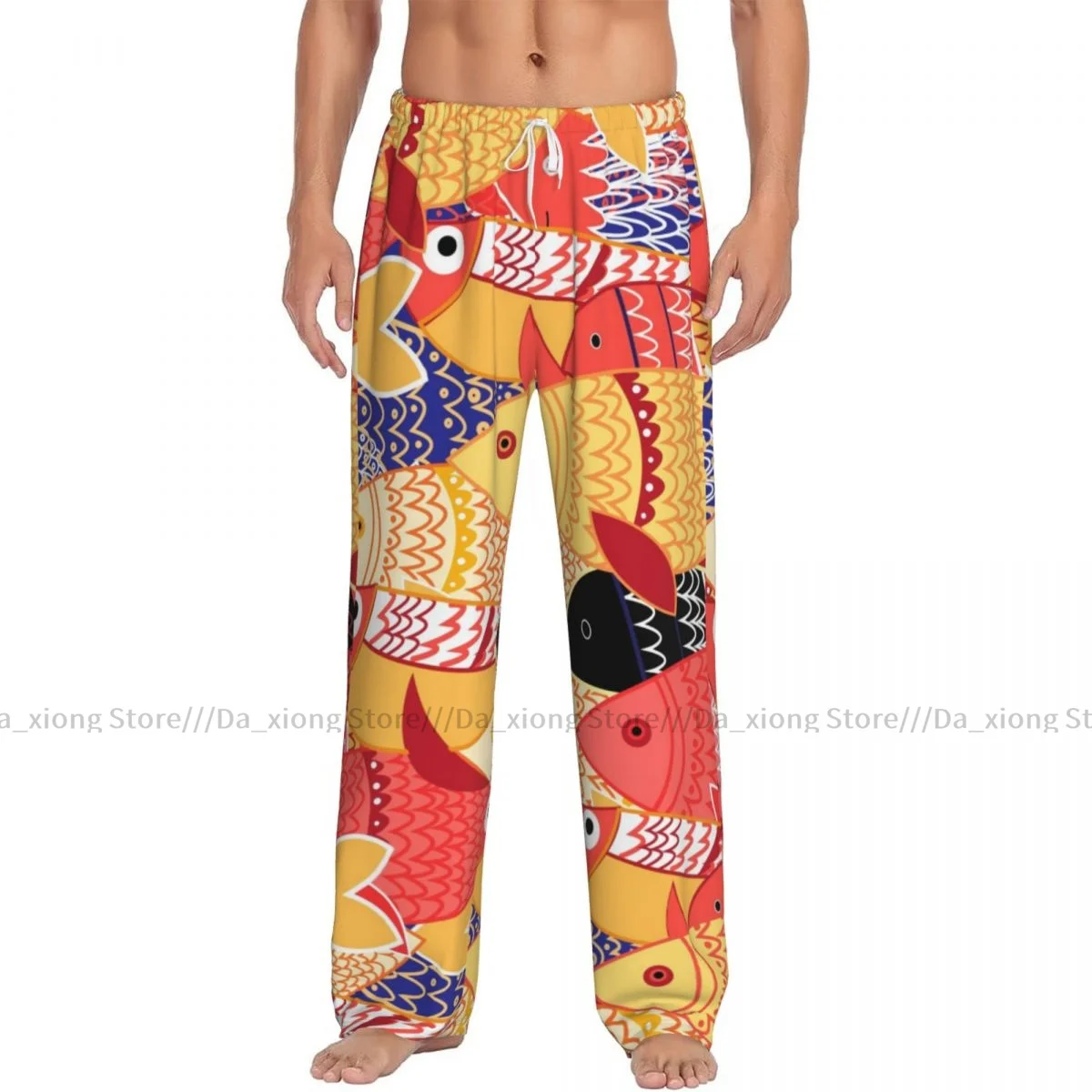 Mens Casual Pajama Long Pant Loose Elastic Waistband Bright Colorful Fish Cozy Sleepwear Home Lounge Pants