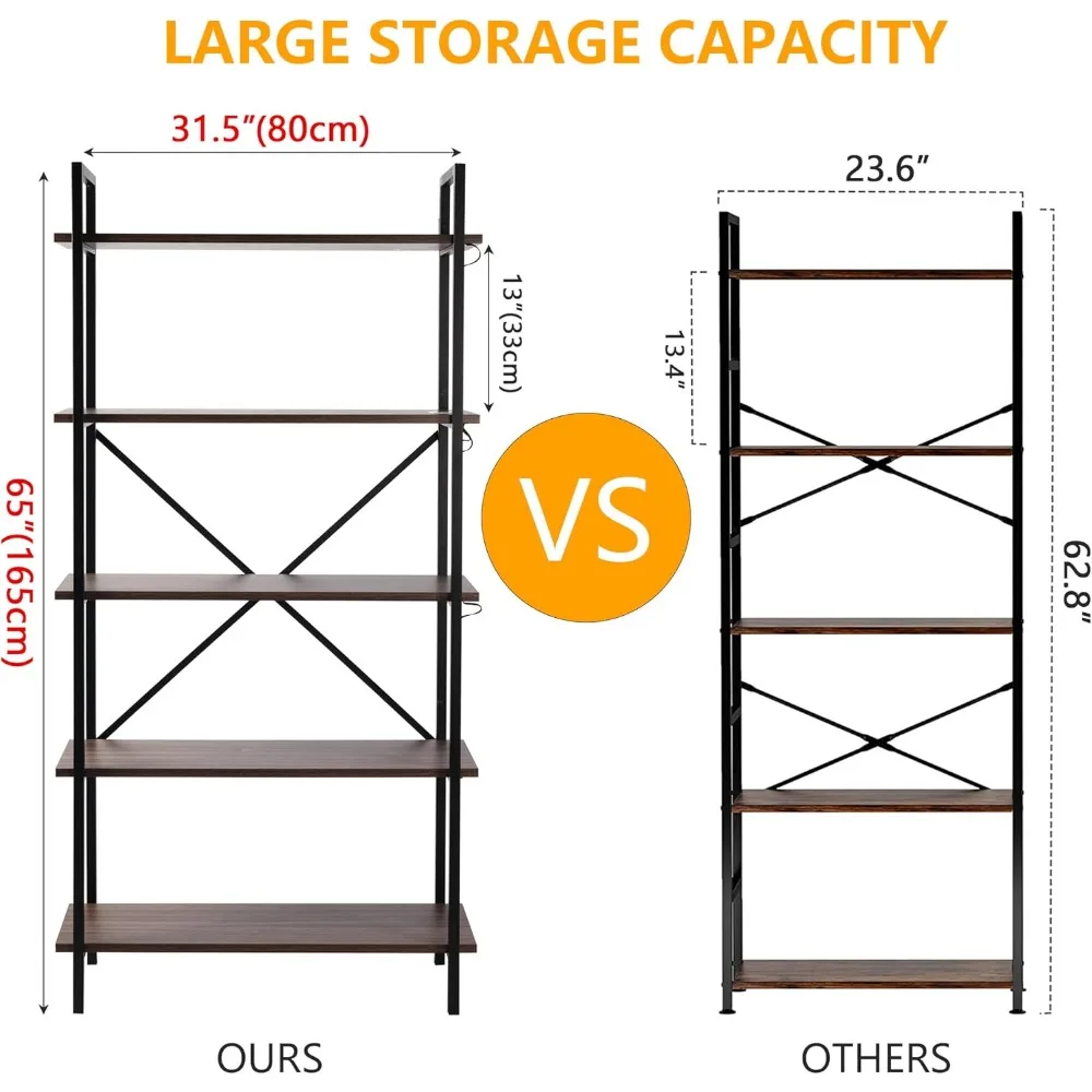 5 Tier Bookshelf with 3 LED Lights, Industrial Bookshelf Tall Storage Open Display Shelves for Living Room Bedroom Home Kitchen