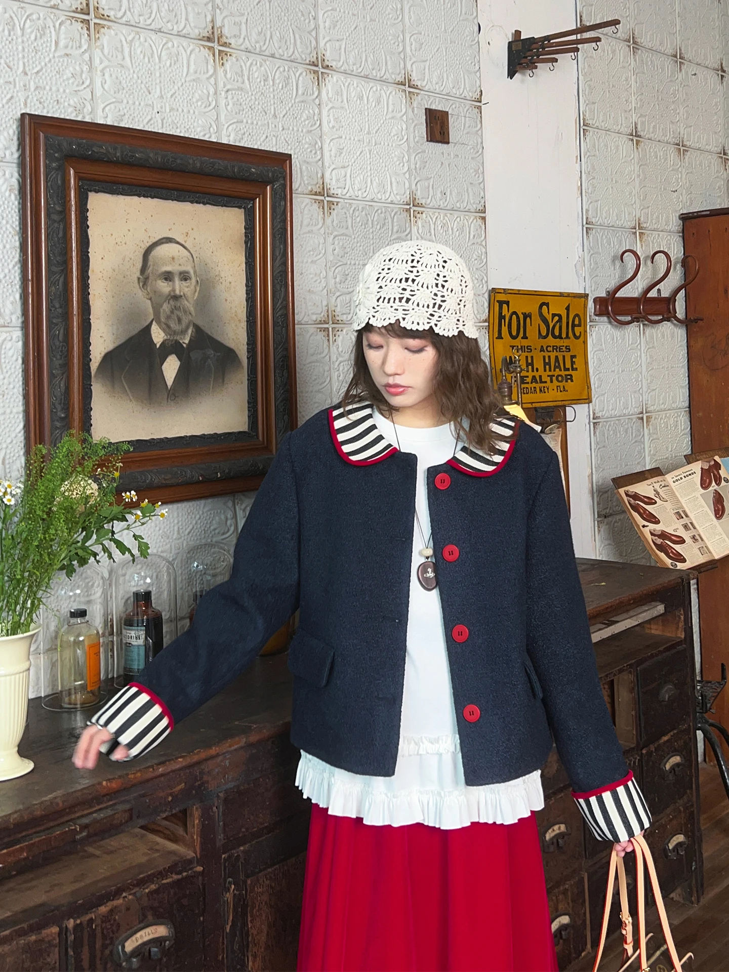 

Retro Doll Collar Stripe Color Blo Woolen ort Coat Women Winter Loose Slimming Suit Top Warm Long Sve Casual Outerwear