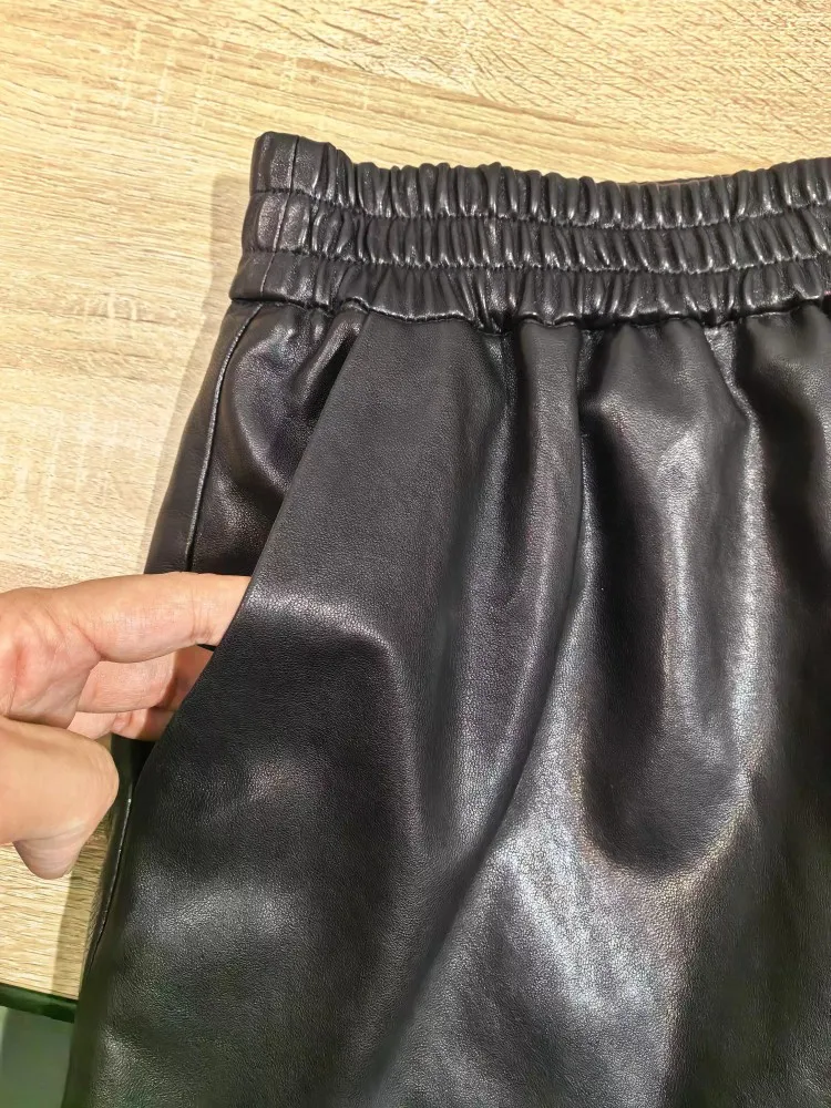 Sweet Women Slim Fit A Line Ruffles Wrap Skirt Elastic Waist Soft Sheepskin Genuine Leather Skirt Casual Streetwear Autumn Skirt