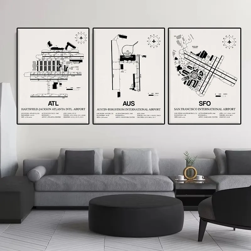 International Airport Map Poster Denver Nashville Chicago Laguardia Aviation Canvas Painting Wall Art Room Home Decor Pilot Gift
