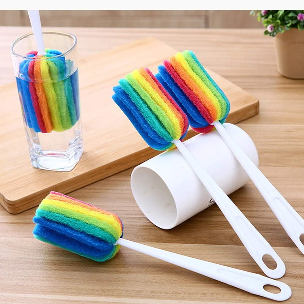 Long Handle Cup Brush Rainbow Scrubber Bottle Cleaning Sponge Tool Kitchen Glass Stainless Steel Deep Container Cleaner
