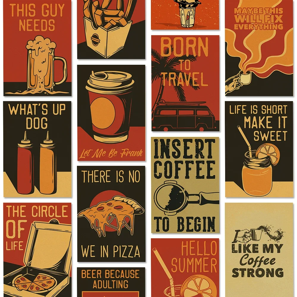 Coffee Vector Set of  Posters Retro Kraft Paper Sticker Vintage Room Home Bar Cafe Decor Aesthetic Art Wall Paintings