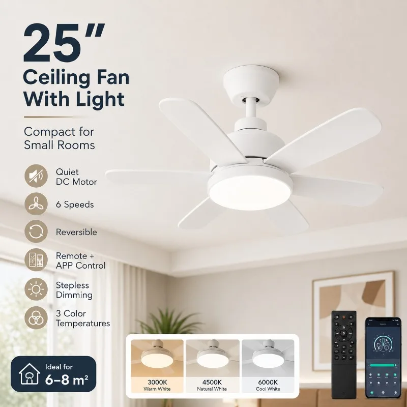 25 Inch Ceiling Fan with LED Light Remote APP Control 6 Speed Reversible Dimmable Quiet for Bedroom Home Ceiling Fan Light