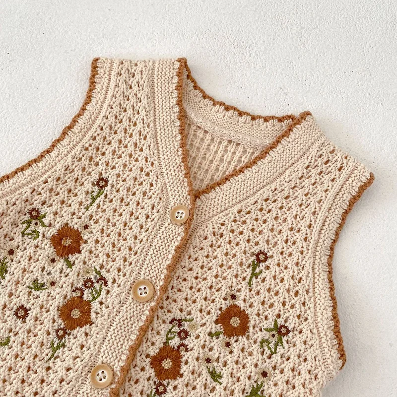 2023 Autumn Newborn Baby Girl Knitted Waistcoat Sleeveless Embroidery Flower Cardigan Vest Tops Outwear Knitwear Clothes