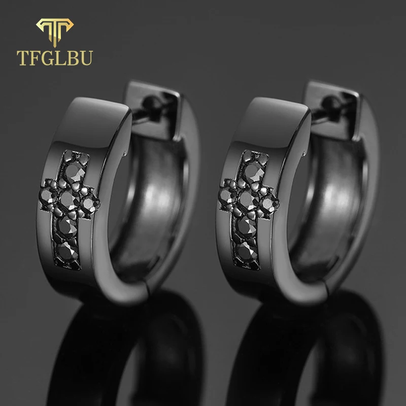 TFGLBU Original Full Black Moissanite Hoop Earrings for Man Cool Hip Hop Cross 100% Solid 925 Silver Diamond Party GRA Jewelry