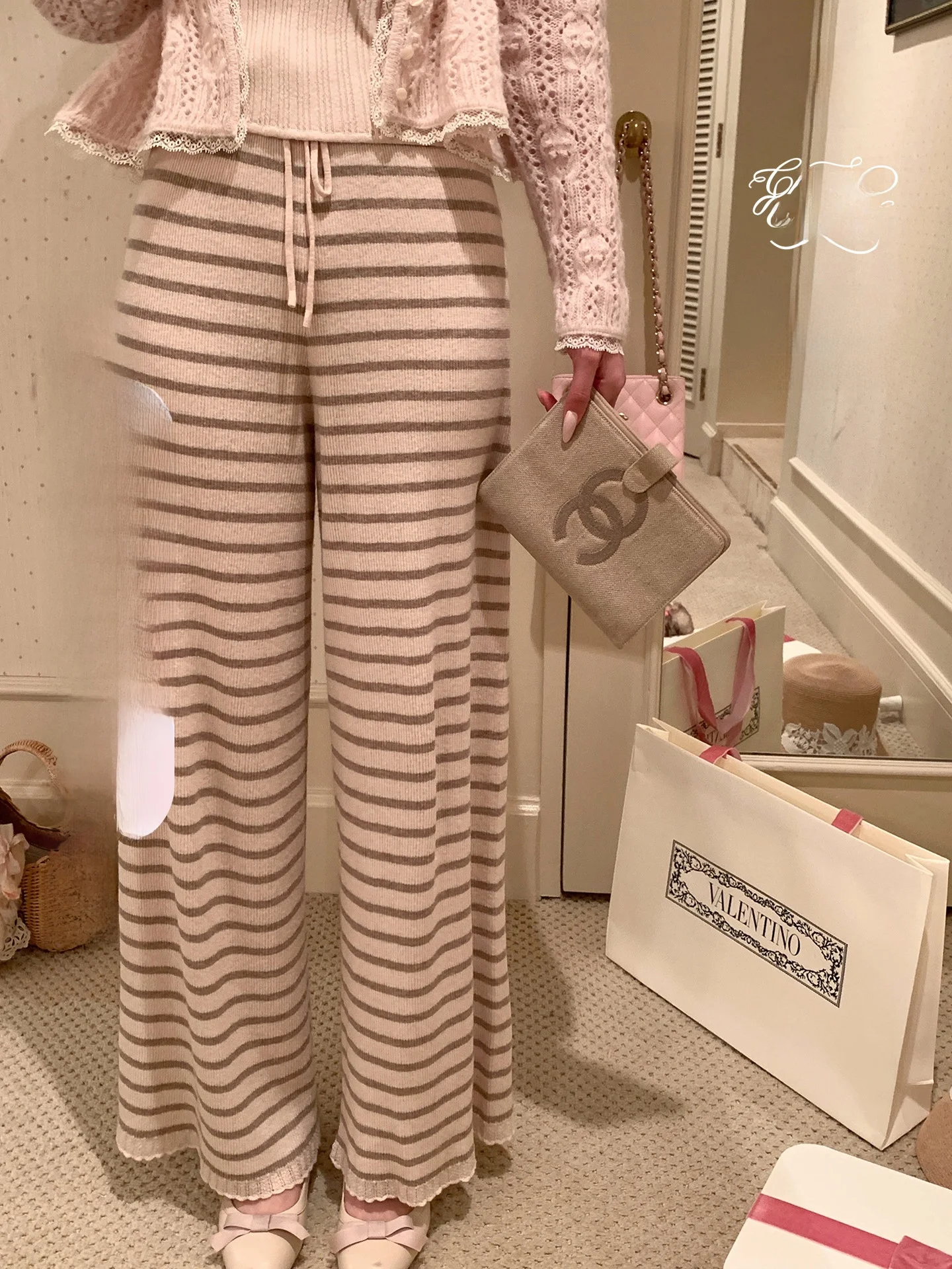 

CrySweet Casual Woolen Knitted Stripe Pants Thin Draped Women's Straight Leg Trousers Spring Faion Casual High Elasticit...