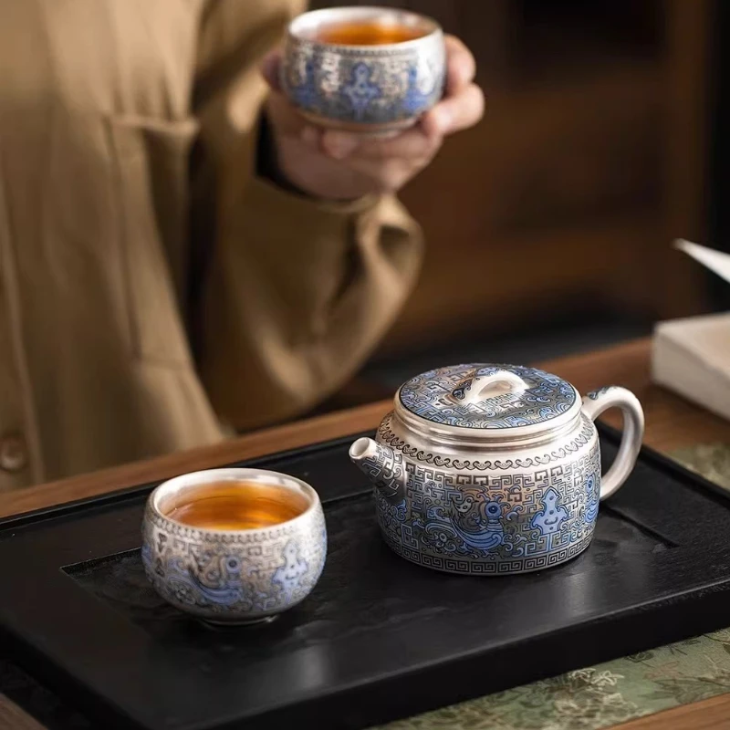 

Silver Teapot Set with Silver Inlay and Enamel 2 Cups Gongfu Tea Set Luxury Home Decor Gift Box Cups Portable Tea Settea Access