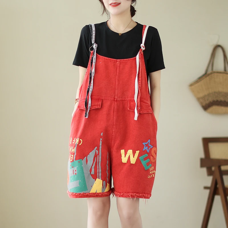 Macacão de camisola jeans com estampa de graffiti personalizado para mulheres no verão calças soltas de cinco quartos de grandes dimensões macacões de emagrecimento